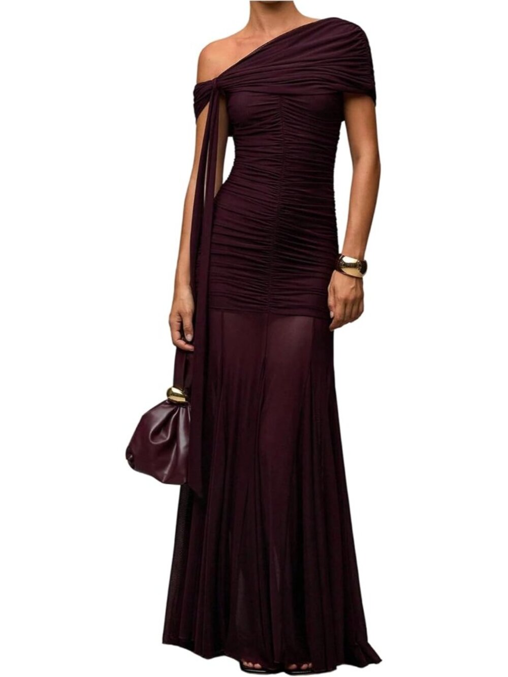 Women's Red Violet Off The Shoulder Ruched Mesh Imported Formal Corset Dress